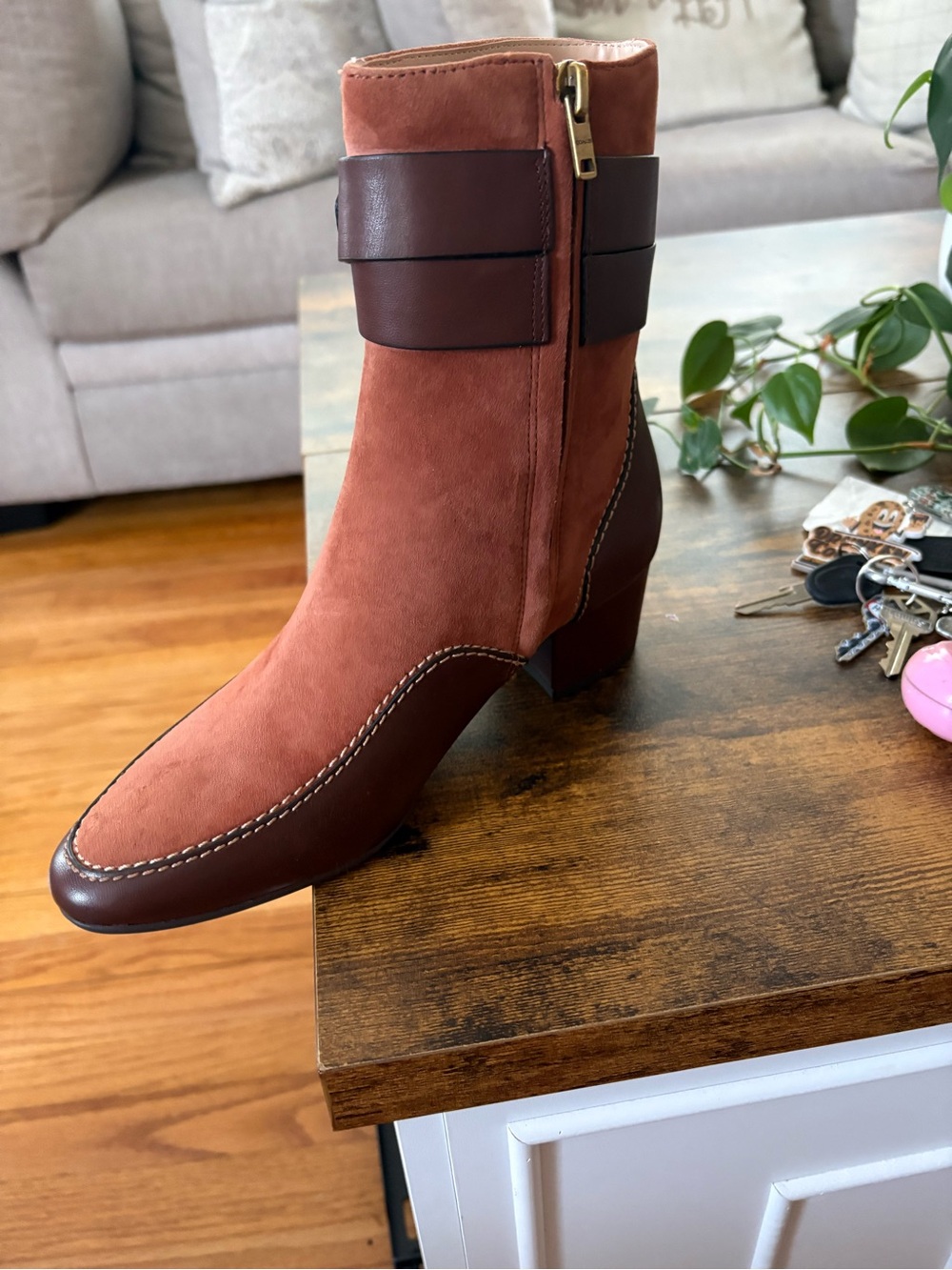Coach Two-Tone Rust and Dark Brown Suede Ankle Boot